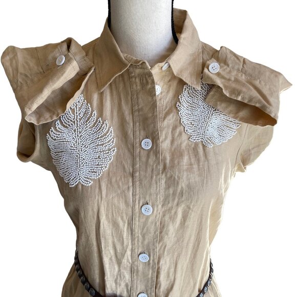 ZARA Tan and White Beaded Linen Collared Maxi Dress Size Small - Picture 8 of 12